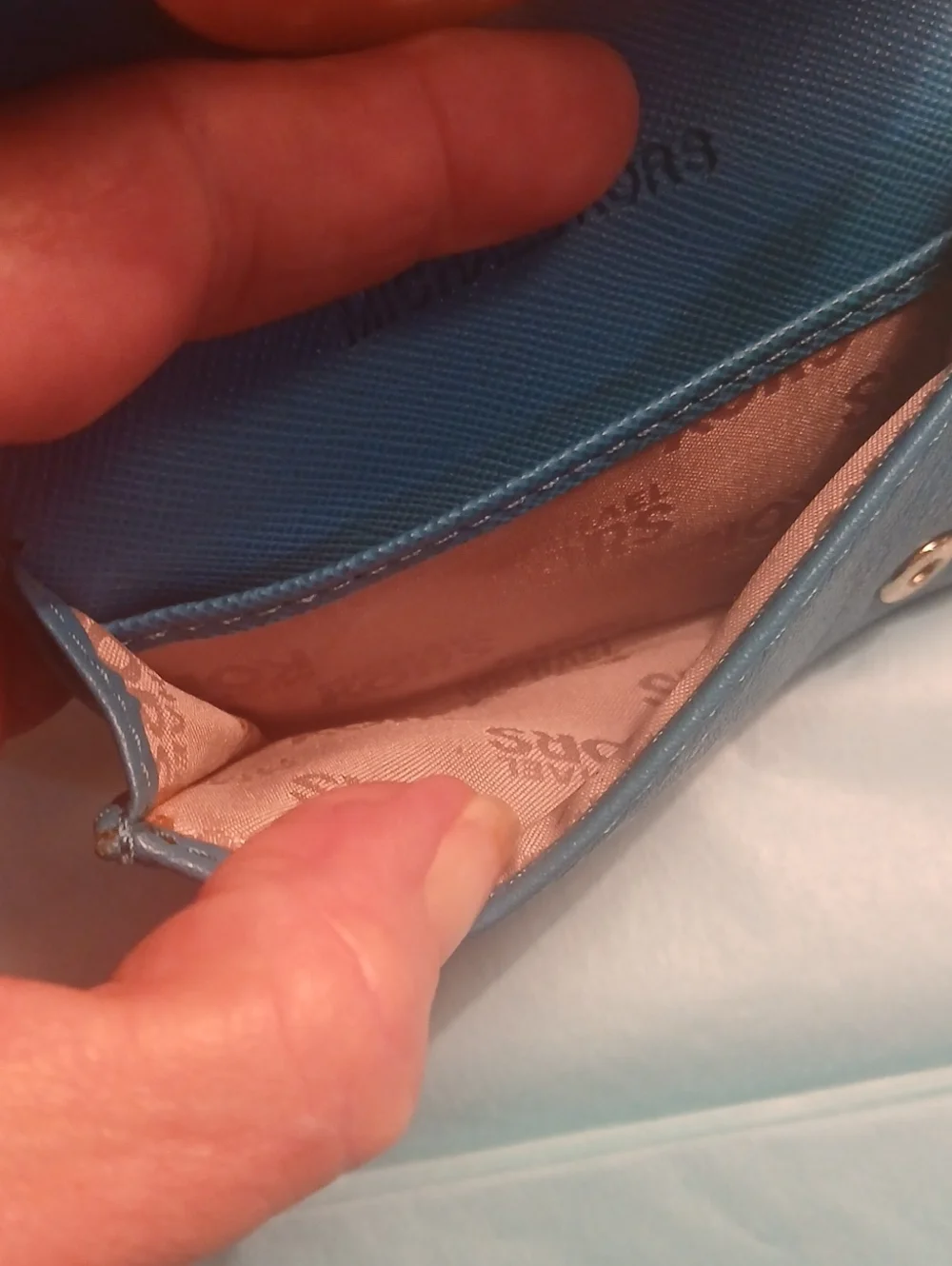 Michael Kors Blue Pebbled Leather Rose Gold MK Logo Flap Card Case Mini Wallet